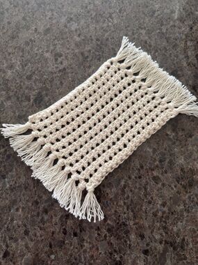 Handmade Crochet Mug Rug with Fringe /Placemat / Trivet  Off-White 100% Cotton